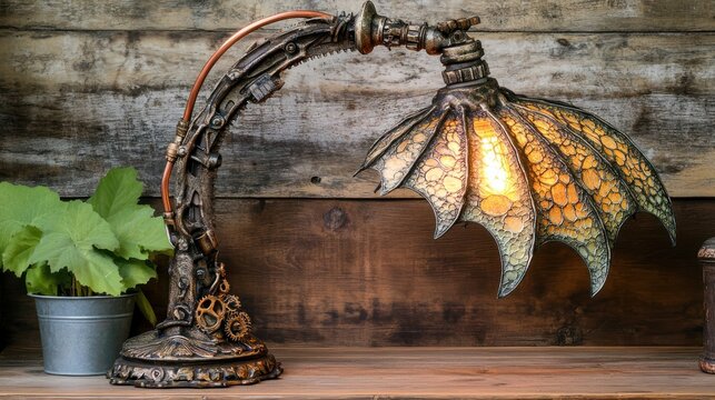 Ornate steampunk dragon lamp with intricate brass/copper arm and stained glass dragon wings