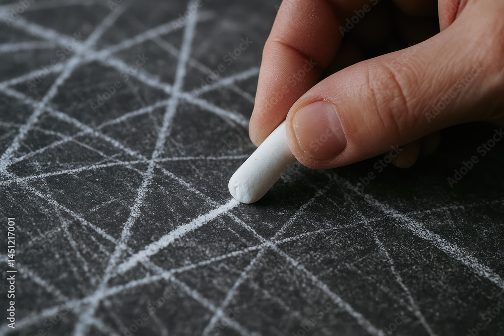 Poster hand holding white chalk draws geometric lines on blackboard creating complex pattern that inspires 
