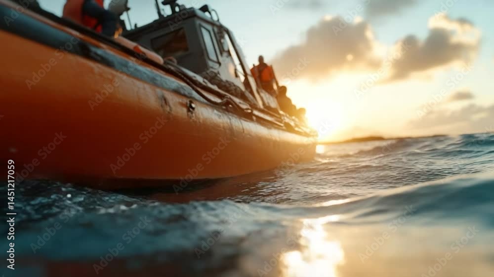 Poster an orange boat navigates ocean waves at sunset. the scene captures the interplay of water and light 