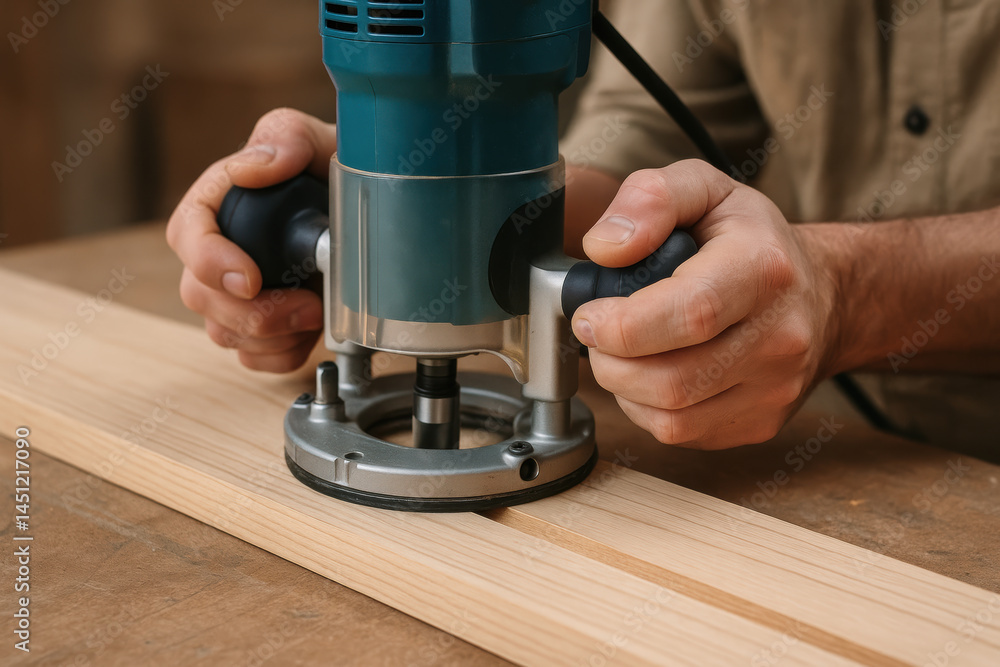 Poster woodwork and workshop tools are used carefully by hands to shape and smooth wooden plank with precis