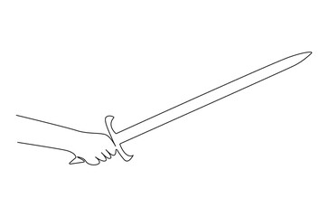 Continuous one line drawing of Hand holding sword. Single line drawing illustration of Holds a sword. Sword concept vector art. Doodle line illustration.