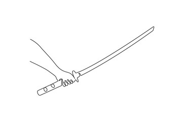 Continuous one line drawing of Hand holding sword. Single line drawing illustration of Holds a sword. Sword concept vector art. Doodle line illustration.
