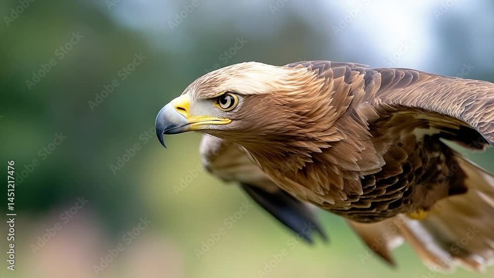Poster close-up of a majestic avian in flight displaying brown and cream feathers yellow beak against a blu