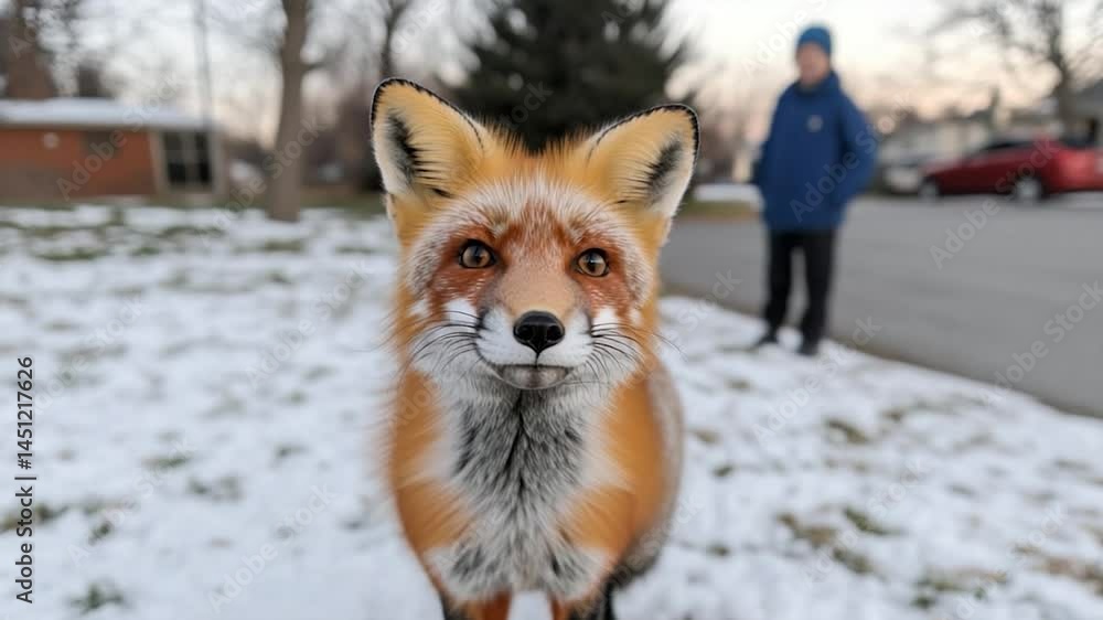 Poster close up of a red fox with orange and white fur. a person in blue stands in the blurred background i