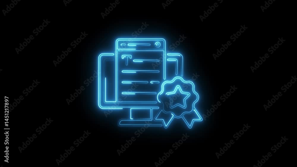Poster neon computer with quality badge animation on black background