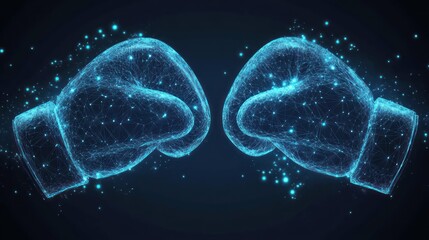 Digital boxing gloves in standoff, conceptual design with glowing network effect