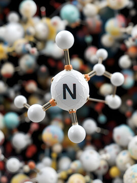 Sodium nitrite, chemical structure. Used as drug, food additive (E250), etc. 3D rendering. Atoms are represented as spheres with conventional color coding.