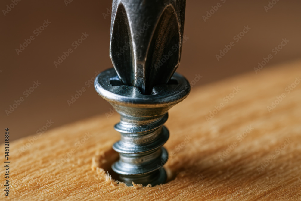 Poster close up of metal screw being driven into woodwork in workshop environment capturing detailed textur