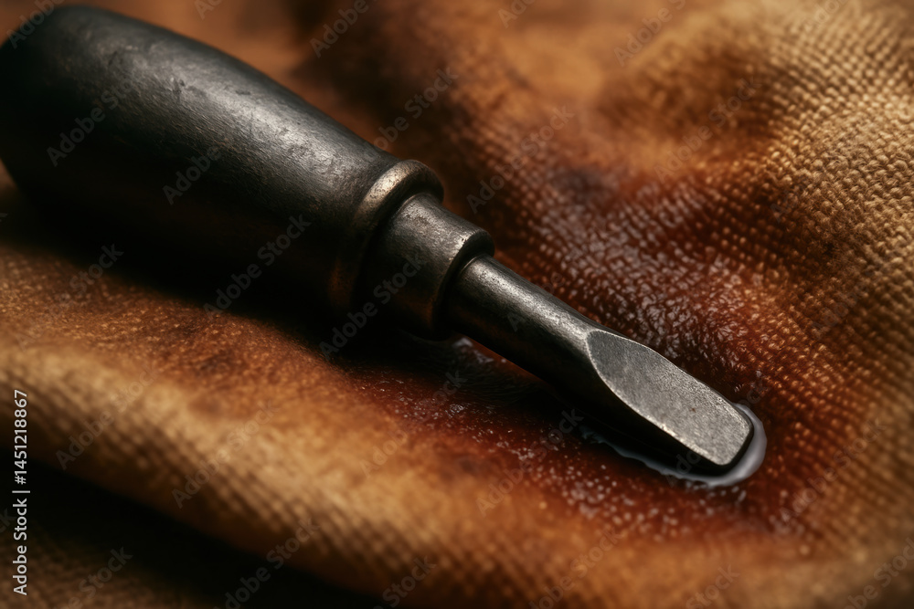 Poster woodwork tool with metal tip resting on textured fabric in workshop setting