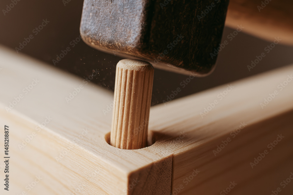 Poster woodwork detail in workshop with wooden dowel being hammered into joint creating precise and skillfu