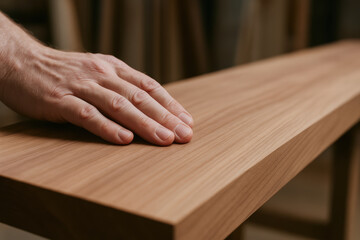 Hand gently touches smooth woodwork in workshop highlighting fine texture and craftsmanship of wooden plank with natural light warmth