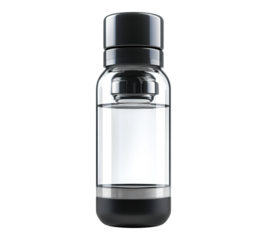A clear bottle with a black cap