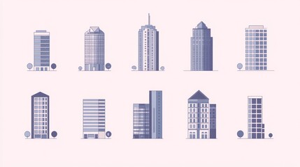 Cityscape, building icons, urban design, architectural illustrations, website background