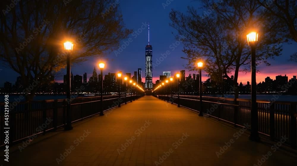 Poster a long pathway lined with lamp posts leads towards a distant city skyline under a colorful sunset. t