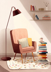 A cartoonish drawing of a chair with a lamp and a stack of books on a table