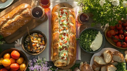 Large, filled loaf of bread, surrounded by various sides, drinks, and fresh produce