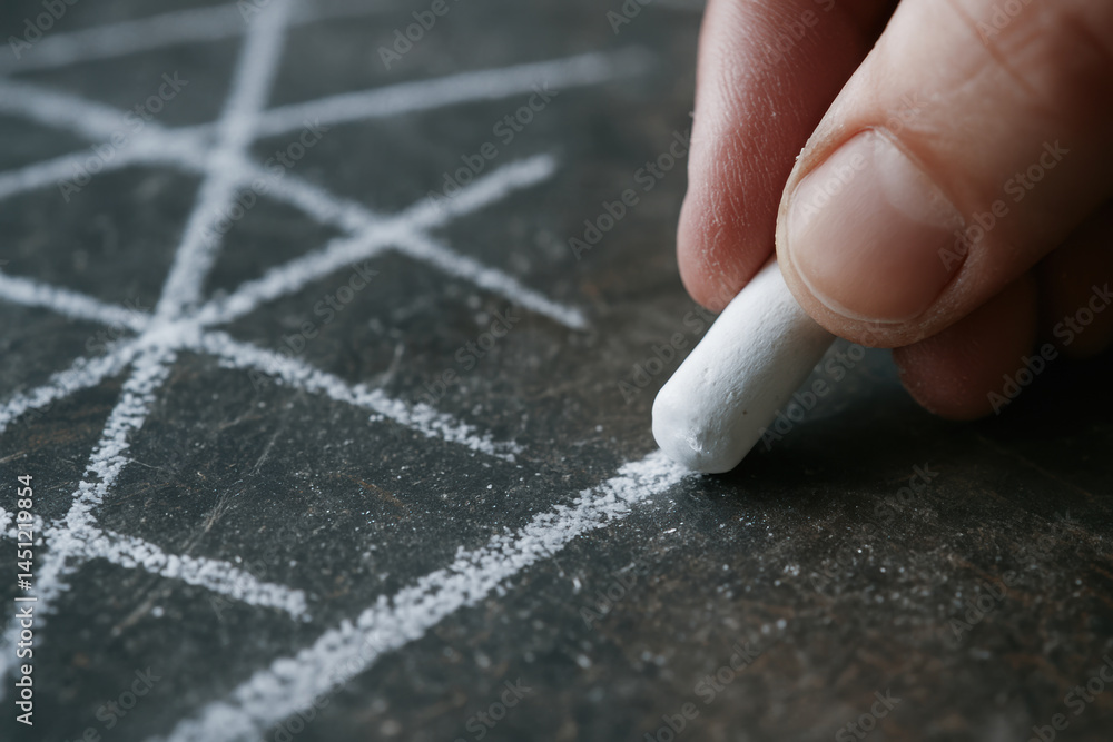 Poster hand drawing geometric shapes with white chalk on blackboard in workshop setting focused on woodwork
