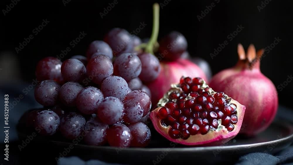 Poster a still life composition featuring grapes pomegranate and pomegranate seeds on a plate. the focus is
