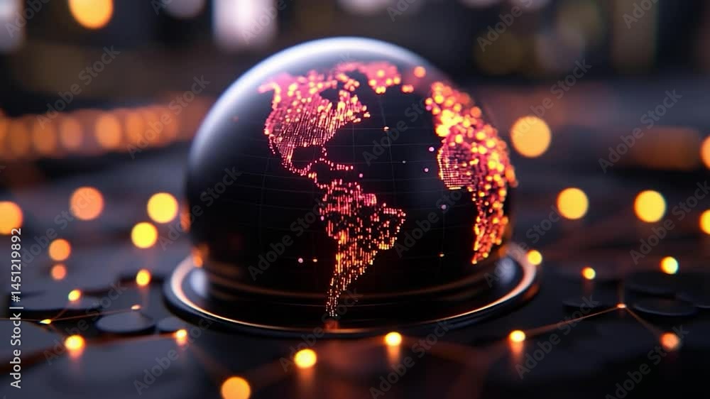 Poster A glowing digital globe in a dark setting is surrounded by bokeh lights emphasizing global connections and data transfer in a futuristic theme
