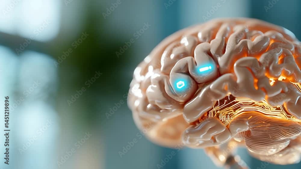 Aufkleber Close up view of a human brain with glowing circuits and embedded light in the brain, representing technological advancements and neural networks