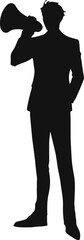 Silhouette of a person in a suit holding a megaphone, symbolizing communication, leadership, and influence