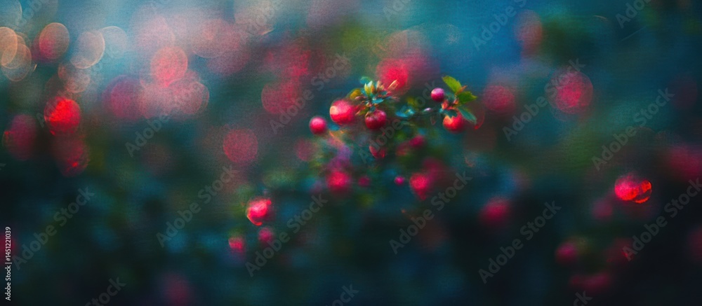Poster dreamy orchard: abstract impression of cherry tree with red berries and bokeh