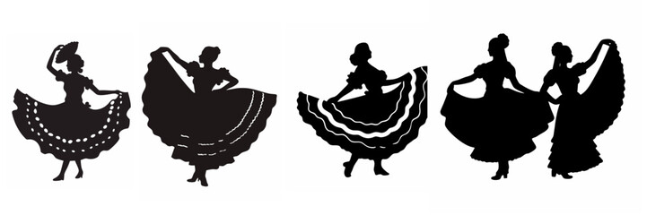 Silhouette set of woman in traditional Mexican dress dancing. Concept of Cinco de Mayo, holiday, National Day