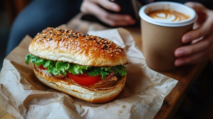 delicious sesame seed bun sandwich with fresh toppings next to a takeaway cup of coffee on a crumpled brown paper on a wooden table