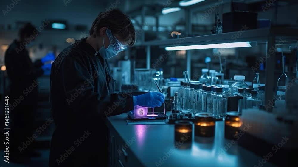 Poster scientist in dark lab coat working with test tubes under cool blue light and violet light effect. ca