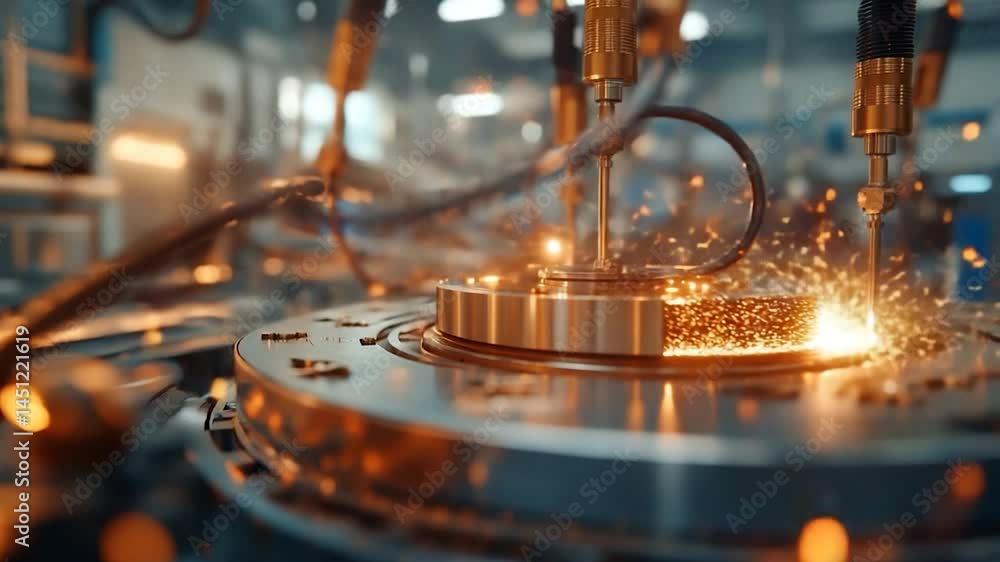 Poster close-up of automated machine processing metal parts with sparking effect during manufacturing proce