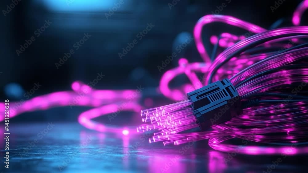 Poster close up of a bundle of fiber optic cables with glowing pink light strands and a black connector on 