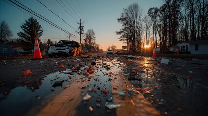 Scattered Vehicle Wreckage Littering Asphalt After Crash: Gritty Post-Accident Scene Highlighting Road Safety Concerns