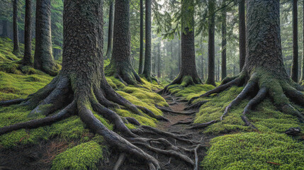 Fototapeta premium Lush green forest with large tree roots and vibrant moss cove the ground, peaceful natural woodland landscape with tall trees and abundant foliage