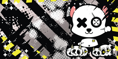 Graffiti abstract background with panda doll and cartoon skull objects © Nj Art