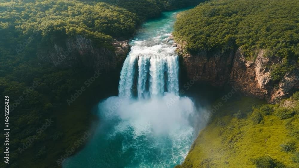 Poster aerial view of a powerful waterfall cascading into a turquoise river surrounded by lush green forest
