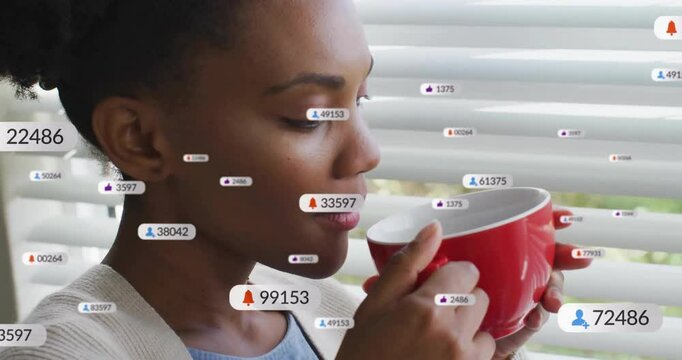 woman sipping red coffee mug near window blinds in marketing scene with floating animated icons