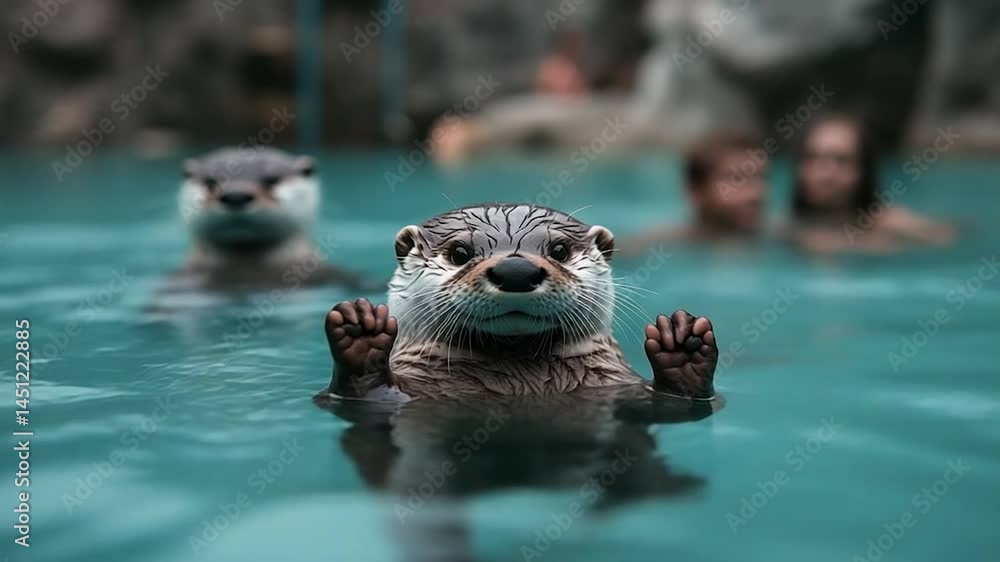 Poster otter swimming in turquoise water with raised paws two other otters blurred in the background with p