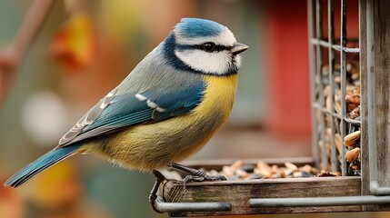 Obraz premium Blue Tit Perched on Seed-Filled Bird Feeder: Captivating Wildlife Photograph Showcasing Delicate Natural Songbird Charm