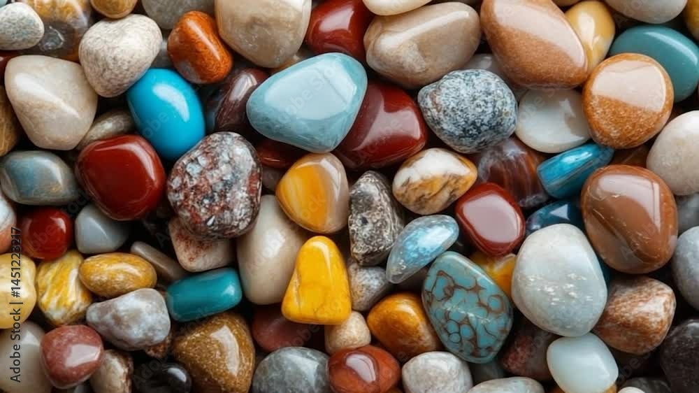 Poster Close-up view of a collection of polished stones in various colors including red blue yellow brown and gray showcasing different textures and shapes