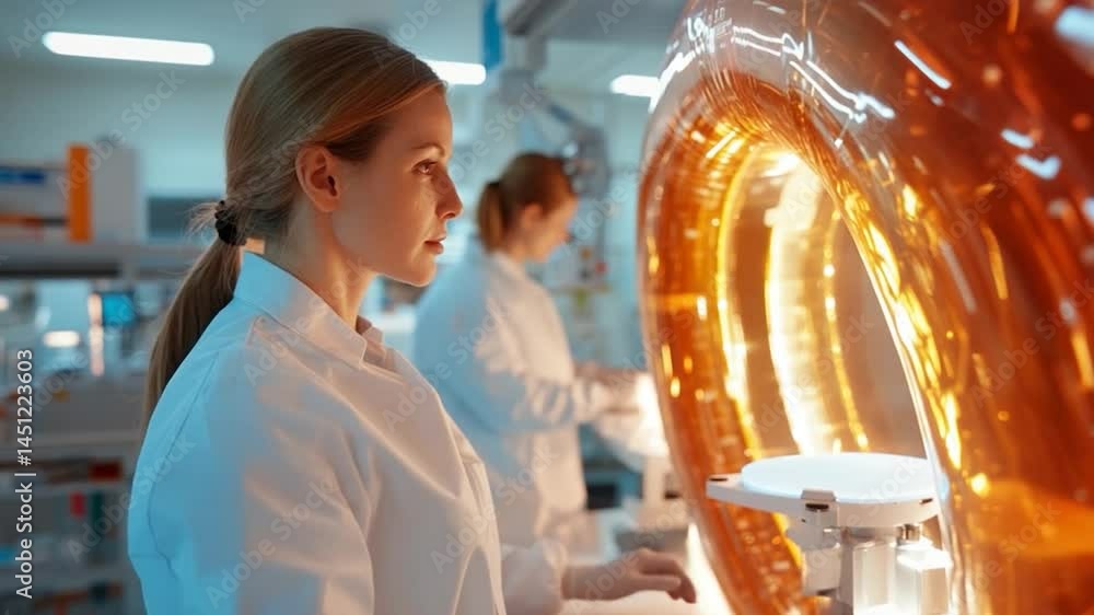 Aufkleber a woman in a white lab coat works in a modern science lab. the image is dominated by warm, glowing o