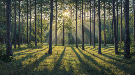 Obraz premium Serene forest landscape with tall trees illuminated by sunlight streaming through the branches du sunrise, casting long shadows on lush green grass and creating a peaceful natural scene