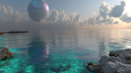Tranquil coastal scene, a luminous orb floats above a calm turquoise sea. Rocky shoreline. Sunrise