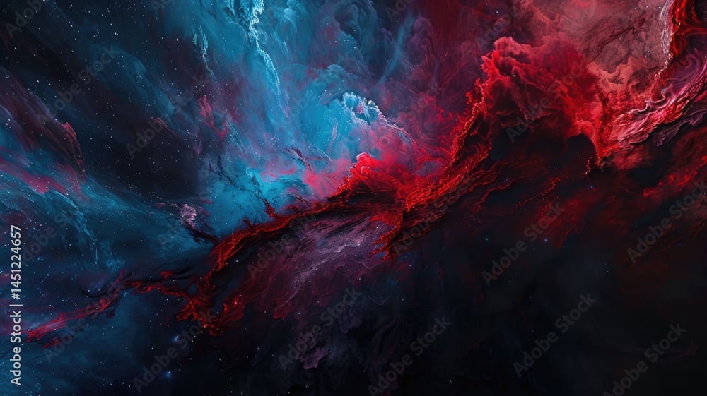 Poster swirling picture of red ray and blue light sparkling particles scattered across a space background, 