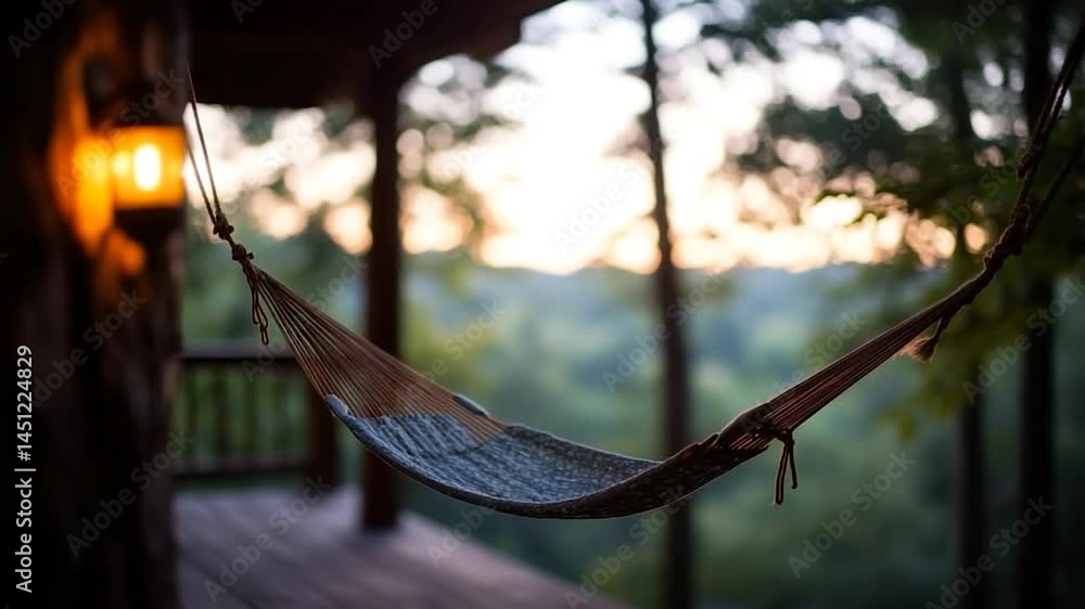 Aufkleber a hammock hangs from a wooden porch at sunset with a warm glow from a nearby lantern. the scene is s