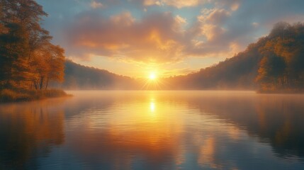 Tranquil dawn over lake, reflections of golden sunrise mirrored in water's surface