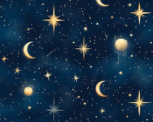 Naklejka premium Celestial pattern with stars on midnight black backdrop Mystical Astronomy-Inspired Design for Ethereal Visual Artworks