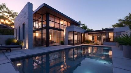 Fototapeta premium A sleek modern home with a large backyard and pool evokes luxurious suburban living inspiration