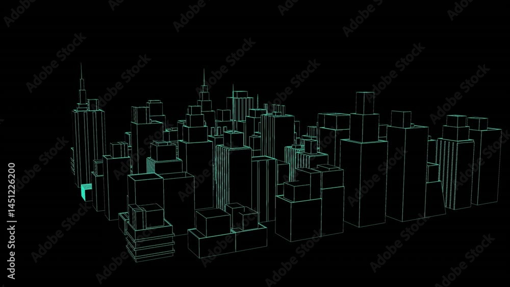Poster 3d wireframe city model showing floating blocky skyscrapers in neon green lines over black void