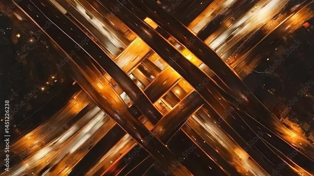 Poster Overhead view of illuminated highway intersection at night showcasing a complex network of roads and pathways with bright light trails and dark background