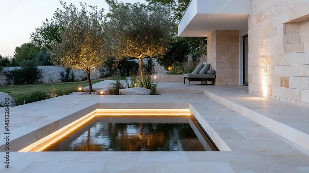 Poster Exterior view of modern architecture with a small illuminated pool featuring water reflections and an adjacent seating area. Greenery, trees and soft lighting set the scene